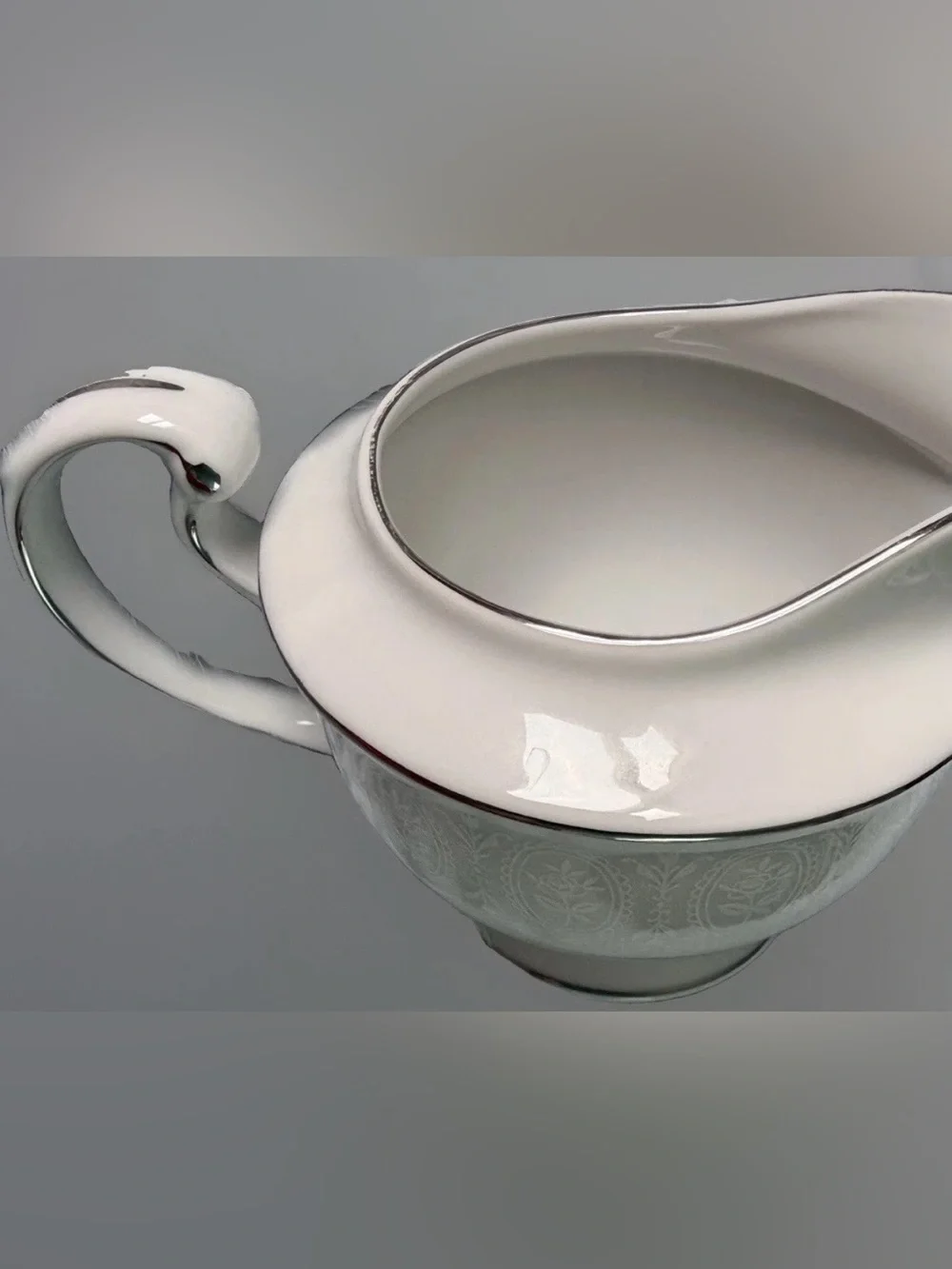 Vintage Creamer Sone China Japan Moderne 2467 Platinum Trim White Floral Scroll